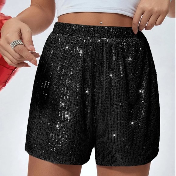 Black Sequin High Waist Shorts - Picture 4 of 5